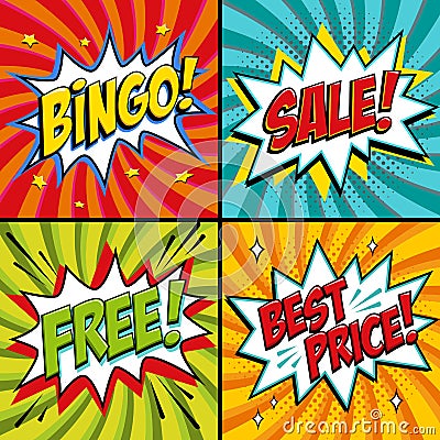Pop-art web banners. Bingo. Free. Sale. Best price. Lottery game background. Comics pop-art style bang shape on a red Vector Illustration