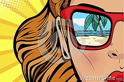 Pop art Woman with beach and sea reflection in summer. Comic girl face for travel shops Vector Illustration