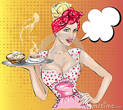 Pop Art woman with breakfast. Pin-up girl speech bubble. Cartoon Illustration