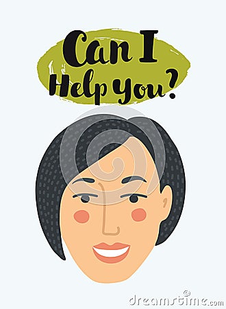 Pop art woman chatting on the phone, vector in comics style with message `can I help you?` Smiling blond support woman with phone. Vector Illustration