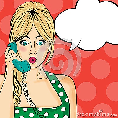 Pop art woman chatting on retro phone . Comic woman with speech Vector Illustration