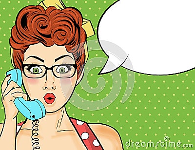 Pop art woman chatting on retro phone . Comic woman with speech Vector Illustration