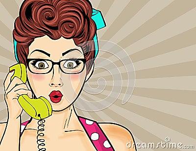 Pop art woman chatting on retro phone . Comic woman with speech Vector Illustration