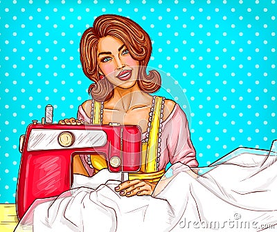 Pop art woman dressmaker seamstress or sewer sketch illustration at sewing machine Vector Illustration