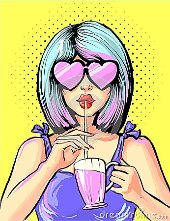 Pop art woman drinking cocktail in heart shape glasses Vector Illustration