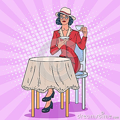 Pop Art Woman Drinking Tea in Cafe. Coffee Break Vector Illustration