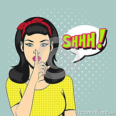 Pop art woman face with SHHH bubble Vector Illustration