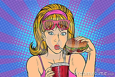 Pop art woman with fast food Vector Illustration