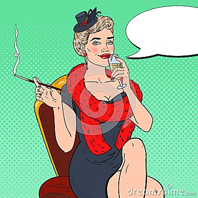 Pop Art Woman in Fur with Glass of Champagne. Femme fatale. Retro illustration Vector Illustration