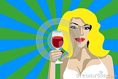 Pop art woman with glass of red wine. Beautiful woman Close up drinking wine Vector Illustration