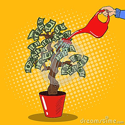 Pop Art Woman Hand with Can Watering Money Tree Vector Illustration