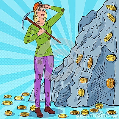 Pop Art Woman in Helmet with Pickaxe Mining Bitcoin Coins. Crypto Currency Blockchain Network Technology Vector Illustration