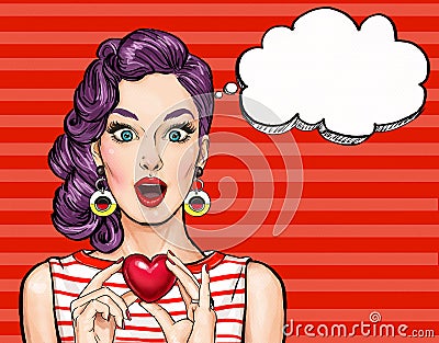 Pop Art woman hold heart with thought bubble Stock Photo