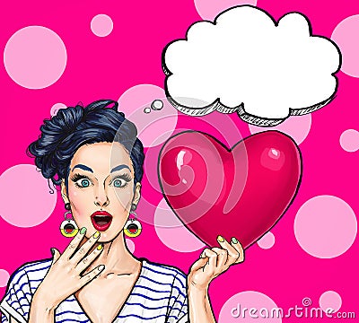 Pop Art woman hold red heart. Comic woman. .Pop Art love. Valentines day postcard. Stock Photo