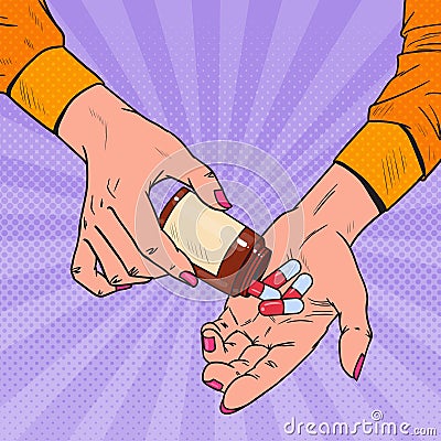 Pop Art Woman Holding Bottle with Medical Drugs. Female Hands with Pills. Pharmaceutical Supplement Vector Illustration