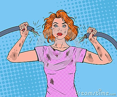 Pop Art Woman Holding Broken Electrical Cable Vector Illustration