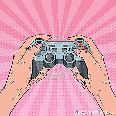 Pop Art Woman Holding Gamepad. Female Hands with Joystick Console. Video Game Vector Illustration