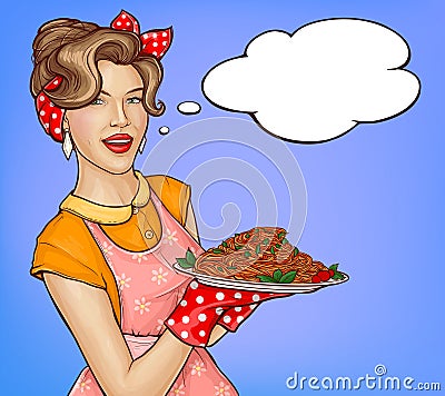 Pop art woman holding tray with pasta and sauce Vector Illustration