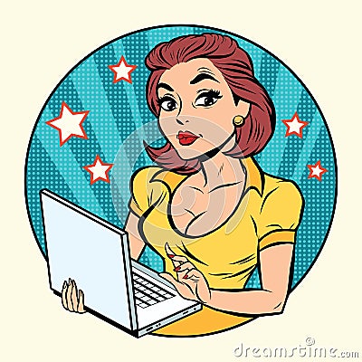 Pop art woman with laptop Vector Illustration