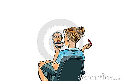 Pop art woman looks in the hand mirror and paints her lips Vector Illustration