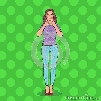 Pop Art Woman Making Fake Smile with Her Fingers. Positive Facial Expression Vector Illustration