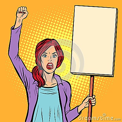 Pop art Woman protesting with a poster. Political activist at th Vector Illustration