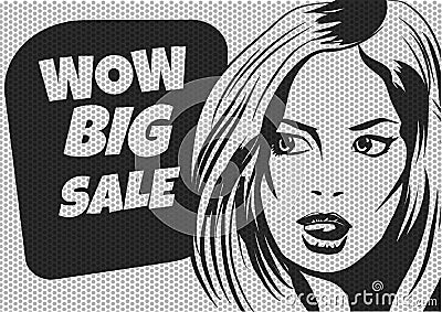 Pop Art Woman SALE poster. Bklack and white Vector Illustration