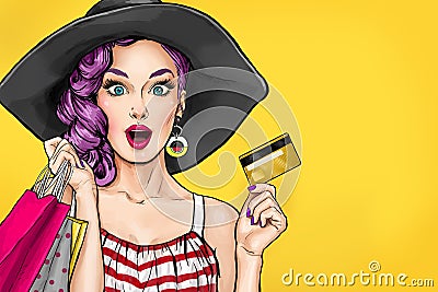 Pop art woman on shopping. Woman with bank card. Stock Photo