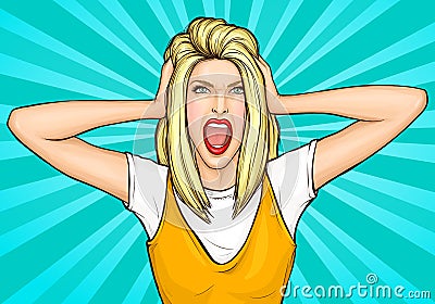 Pop art woman shout close ears with hands hysteria Vector Illustration