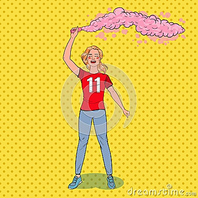 Pop Art Woman Soccer Fan Celebrating the Victory of Favorite Team. Football Hooligans Vector Illustration