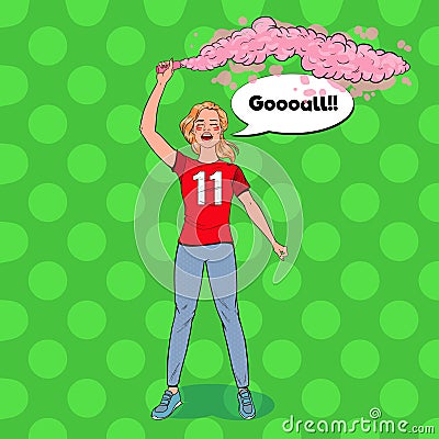 Pop Art Woman Soccer Fan Celebrating the Victory of Favorite Team. Football Hooligans Vector Illustration