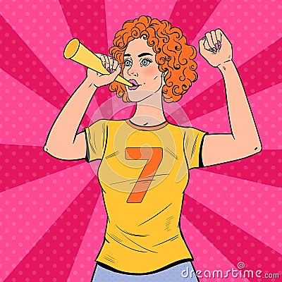 Pop Art Woman Soccer Fan with Horn Supporting her Favorite Team. Football Supporter with Vuvuzela Vector Illustration