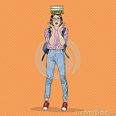 Pop Art Woman Student with Books on her Head Vector Illustration