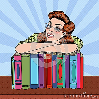 Pop Art Woman Student with Books in Library Vector Illustration