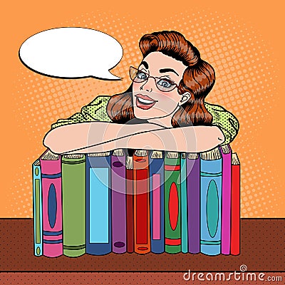 Pop Art Woman Student with Books in Library Vector Illustration