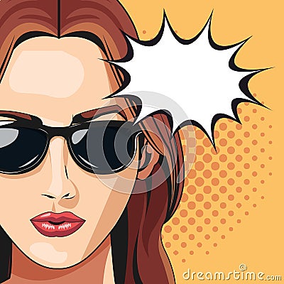 Pop art woman sunglasses bubble speech dotted background Vector Illustration