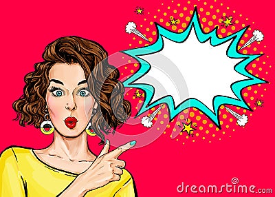 Pop Art Woman surprise showing product .Beautiful girl with curly hair pointing to on bubble Stock Photo