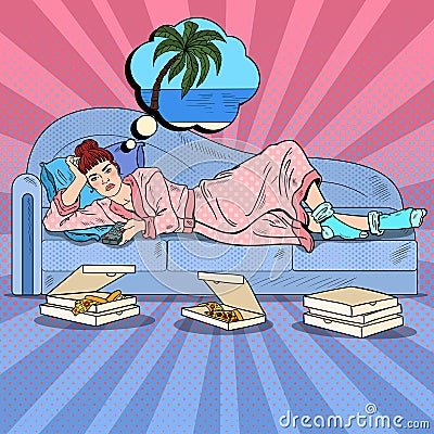 Pop Art Woman Watching TV and Dreaming About Vacation Vector Illustration