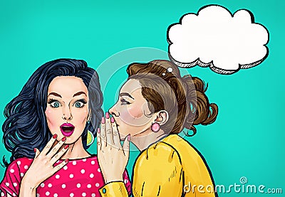 Pop art women gossip with thought bubble. Advertising poster Stock Photo