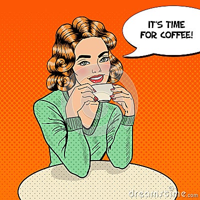 Pop Art Young Beautiful Woman Drinking Coffee in Cafe Vector Illustration