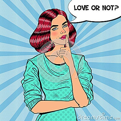 Pop Art Young Beautiful Woman Thinking Vector Illustration