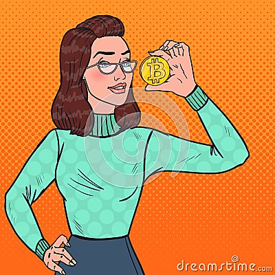 Pop Art Young Business Woman Holding Golden Bitcoin. Virtual Crypto Currency Vector Illustration