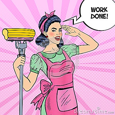 Pop Art Young Confident Housewife Woman Cleaning House with Mop Vector Illustration