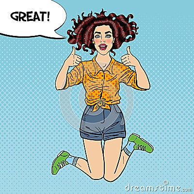 Pop Art Young Excited Woman Jumping and Gesturing Great Thumbs Up with Comic Speech Bubble Great Vector Illustration