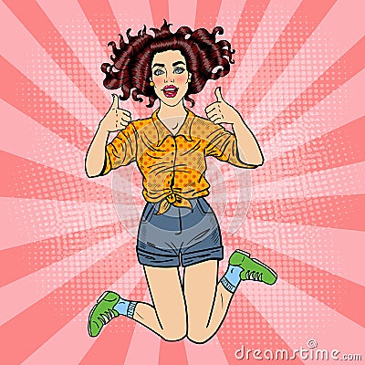Pop Art Young Excited Woman Jumping and Gesturing Great Thumbs Up Vector Illustration