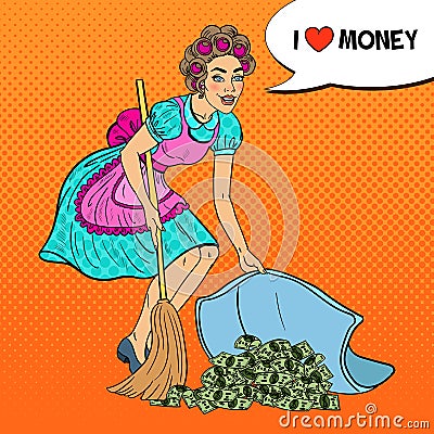 Pop Art Young Housewife Hiding Money Under the Rug Vector Illustration