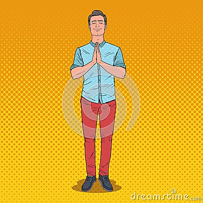 Pop Art Young Man Praying with Smile. Happy Male Prayer Vector Illustration