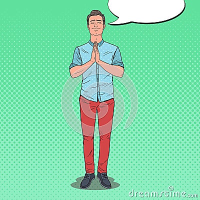 Pop Art Young Man Praying with Smile. Happy Male Prayer Vector Illustration