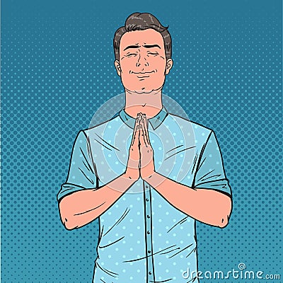 Pop Art Young Man Praying with Smile. Happy Male Prayer Vector Illustration