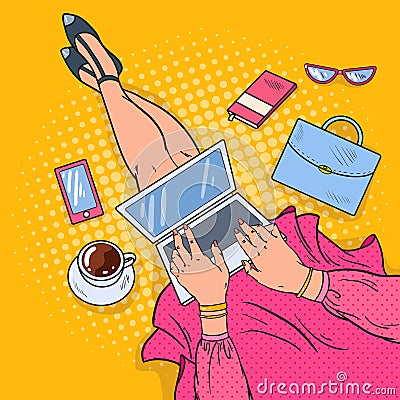Pop Art Young Woman with Laptop. Work at Home Vector Illustration